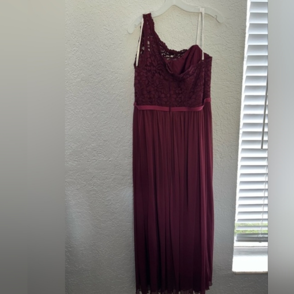 David's Bridal One-Shoulder Burgundy Lace  Gown Dress